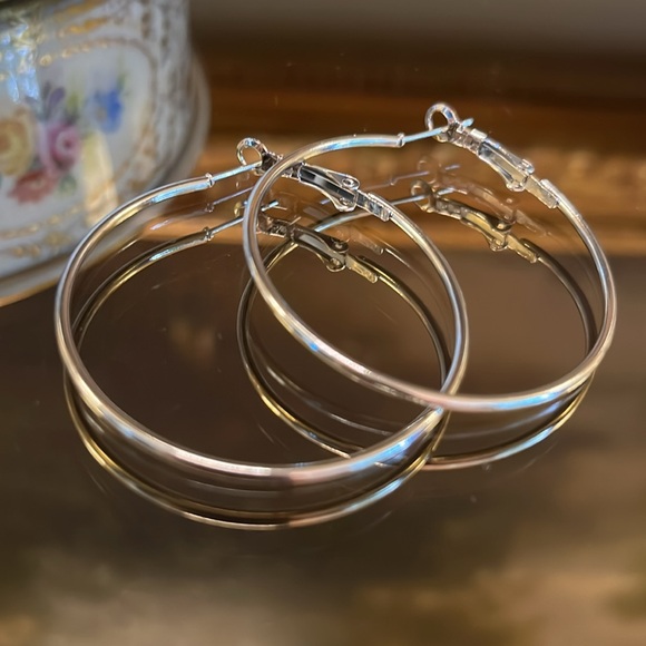 Large Thin Silver Hoop Earrings- 1.75 inch - Picture 1 of 4